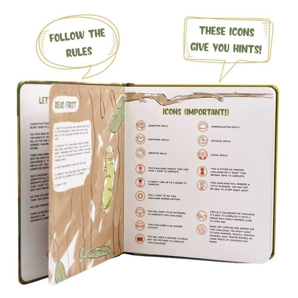 An open activity book displays instructions and icons for various challenges.